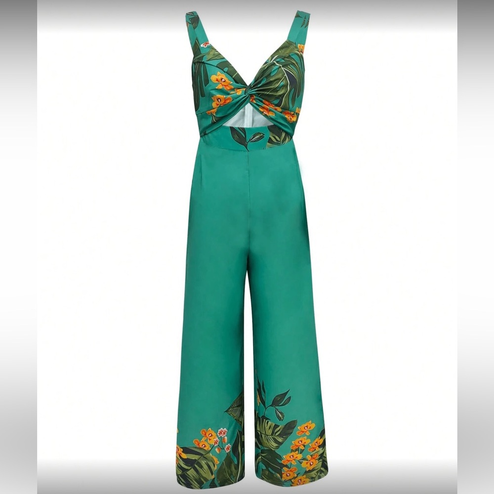Tropical Green Twist-Front Wide-Leg Jumpsuit - Picture 6 of 8